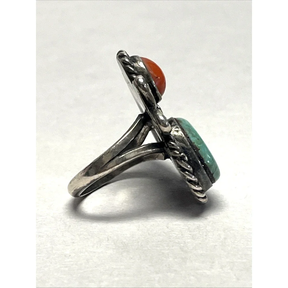 Vintage Native American Sterling Silver Turquoise Coral Ring Size 5